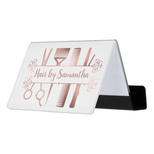 Hair Stylist Salon Personalized Scissors Rose Gold Desk Business Card Holder