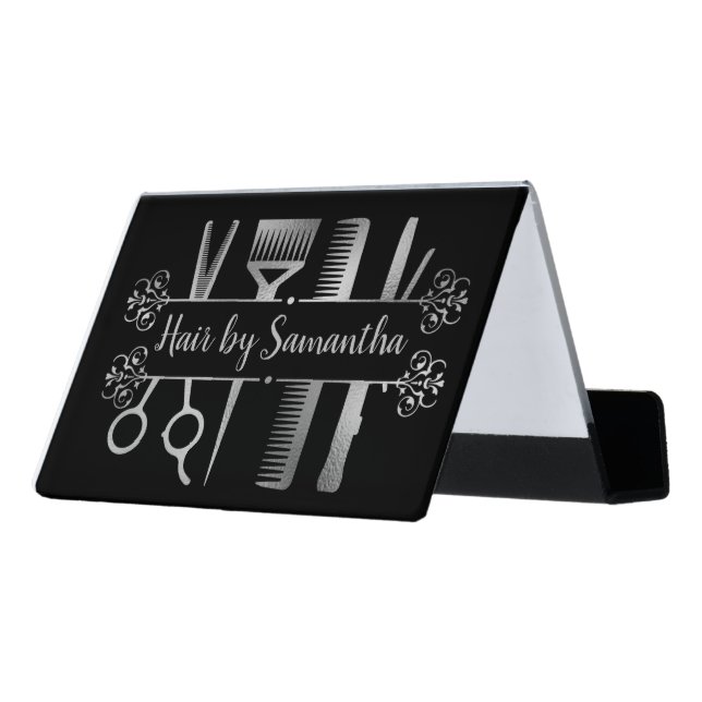 Hair Stylist Salon Personalized Scissors Silver Desk Business Card Holder (Angled Back)