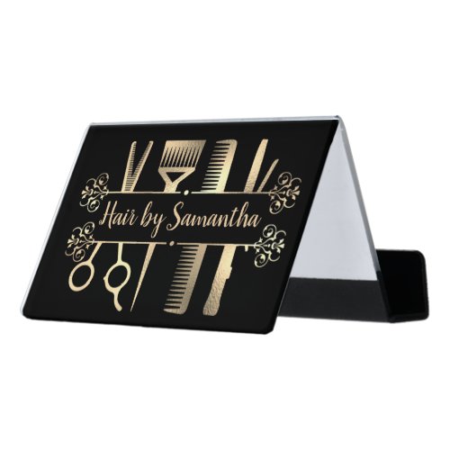 Hair Stylist Salon Personalized Scissors Silver Desk Business Card Holder