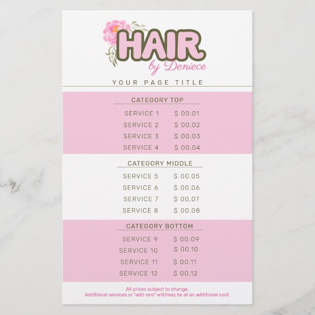 Hair stylist salon price list template rack card flyer (Front)
