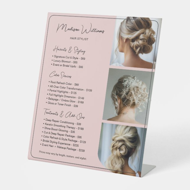Hair Stylist Salon Services Price List Pink Pedestal Sign (Front)