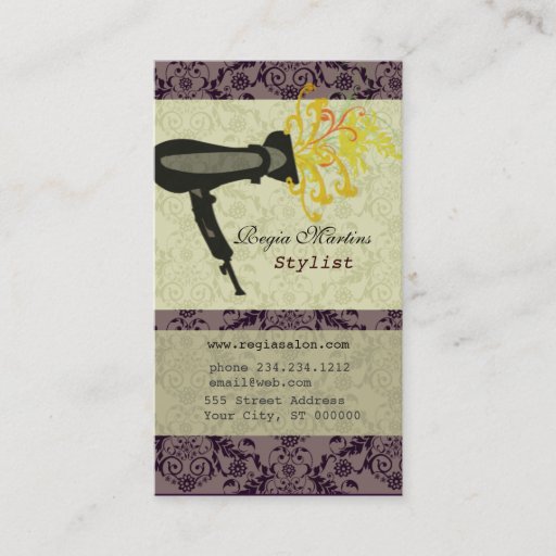 Customizable Salon Spa Hair Stylist Damask Hairdryer Business Card Template