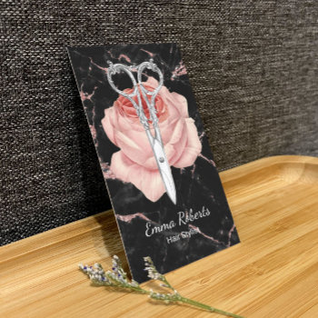Hair Stylist Scissor & Flower Rose Gold Marble Business Card by cardfactory at Zazzle