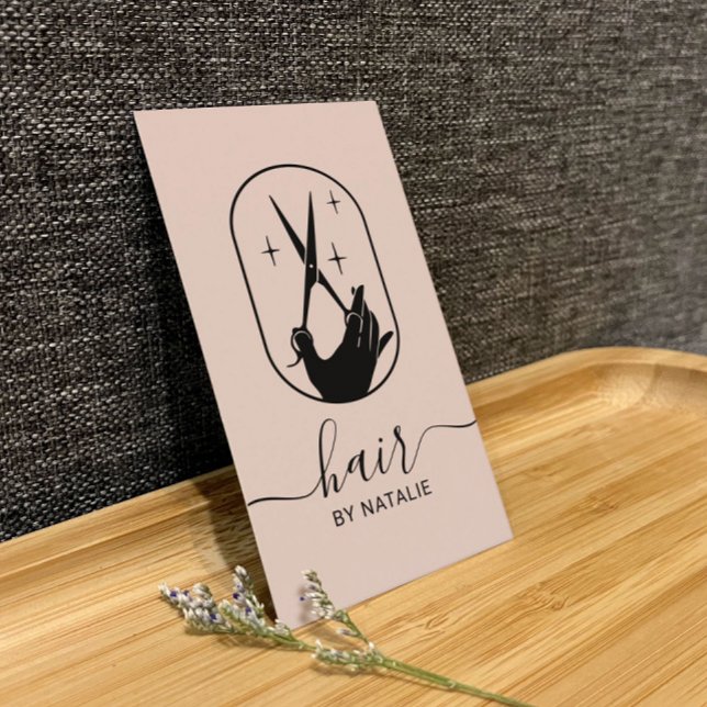 Hair Stylist Scissor & Hand Logo Blush Pink Salon Business Card (Creator Uploaded)