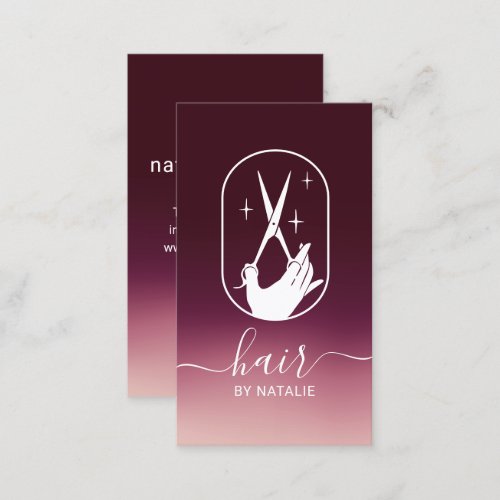 Hair Stylist Scissor Hand Logo Burgundy Red Salon Business Card