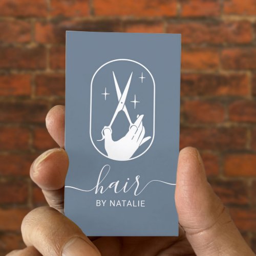 Hair Stylist Scissor  Hand Logo Dusty Blue Salon Business Card