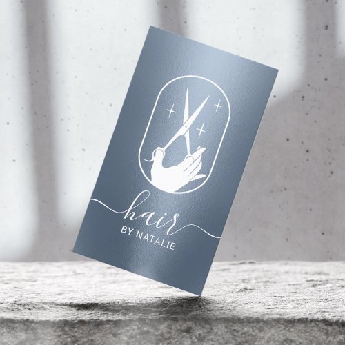 Hair Stylist Scissor Hand Logo Dusty Blue Salon Business Card