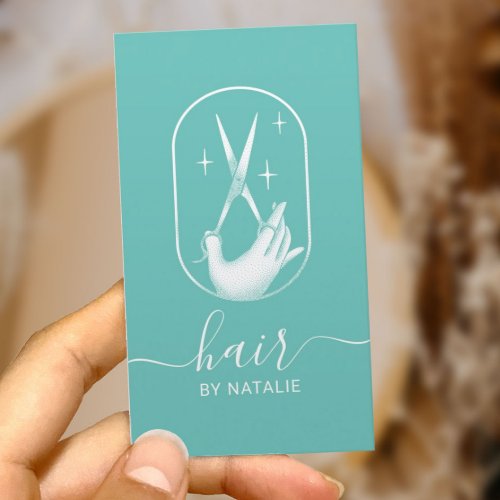 Hair Stylist Scissor  Hand Logo Light Teal Business Card