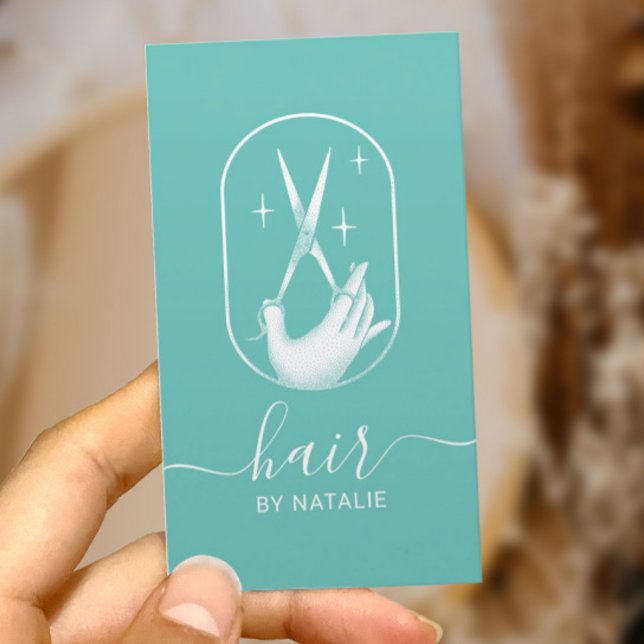 Hair Stylist Scissor & Hand Logo Light Teal Business Card (Creator Uploaded)