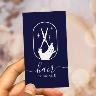 Hair Stylist Scissor & Hand Logo Navy Blue Salon Business Card
