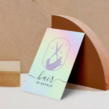 Hair Stylist Scissor Hand Logo Pastel Holographic Business Card by cardfactory at Zazzle