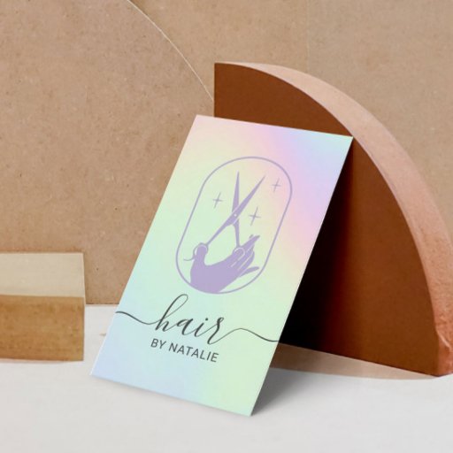 Customizable Hair Stylist Scissor Hand Logo Pastel Holographic Business Card