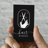 Hair Stylist Scissor & Hand Logo Plain Black Salon Business Card