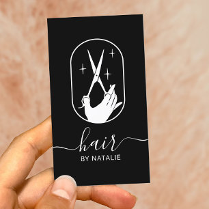 Hair Stylist Scissor & Hand Logo Plain Black Salon Business Card