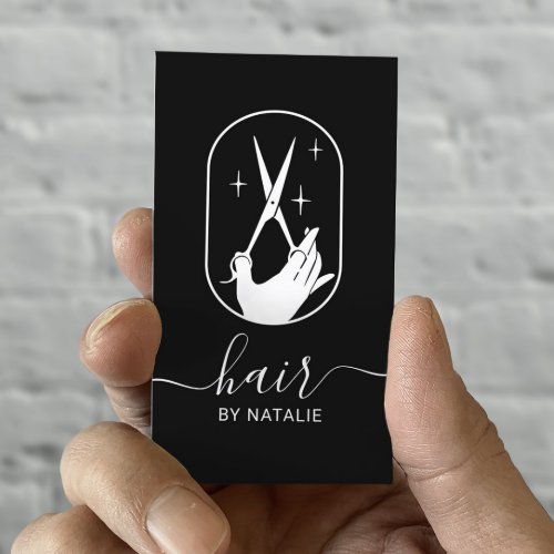 Hair Stylist Scissor  Hand Logo Plain Black Salon Business Card