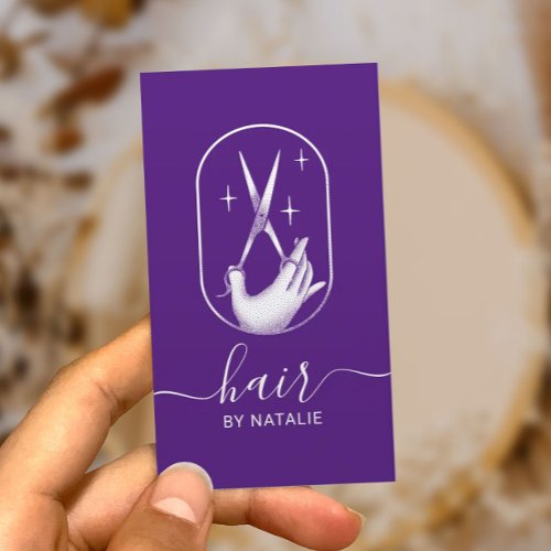 Hair Stylist Scissor  Hand Logo Purple Salon Business Card