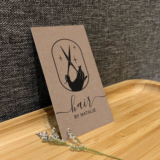 Customizable Hair Stylist Scissor Hand Logo Rustic Kraft Salon Business Card