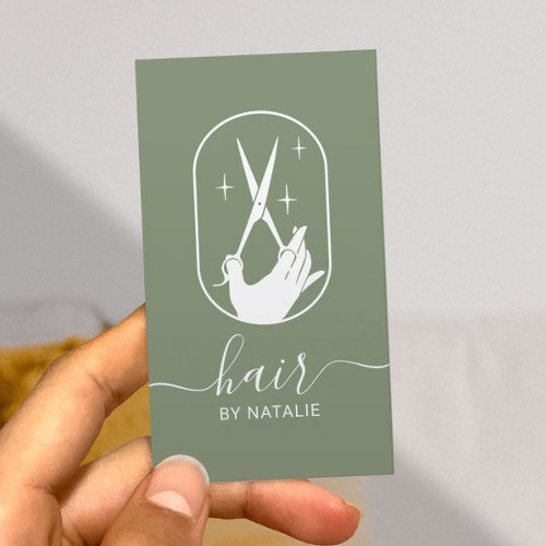 Hair Stylist Scissor  Hand Logo Sage Green Salon Business Card