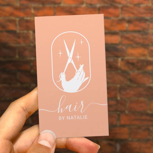 Hair Stylist Scissor  Hand Logo Salon Cute Peach Business Card
