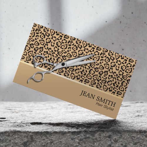 Hair Stylist Scissor Modern Beige Leopard Salon Business Card