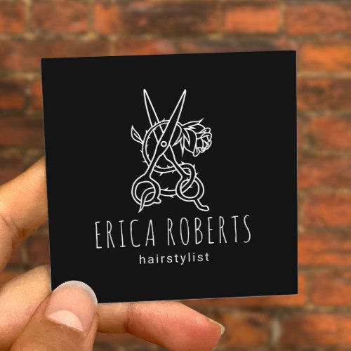 Hair Stylist Scissor Rose Logo Black Beauty Salon Square Business Card