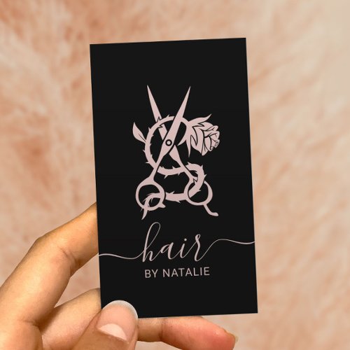 Hair Stylist Scissor Rose Logo Elegant Black Pink Business Card