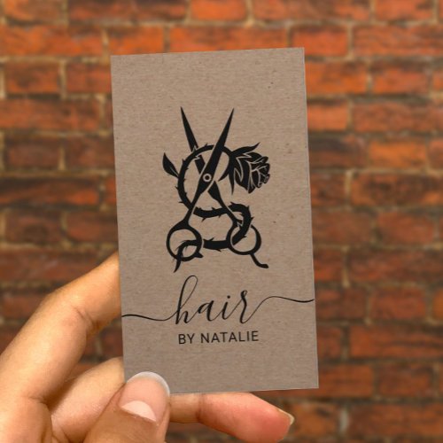 Hair Stylist Scissor  Rose Logo Rustic Kraft Business Card