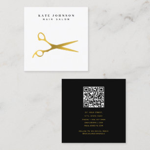 Hair Stylist Scissors Barber QR Code Black & Gold Square Business Card