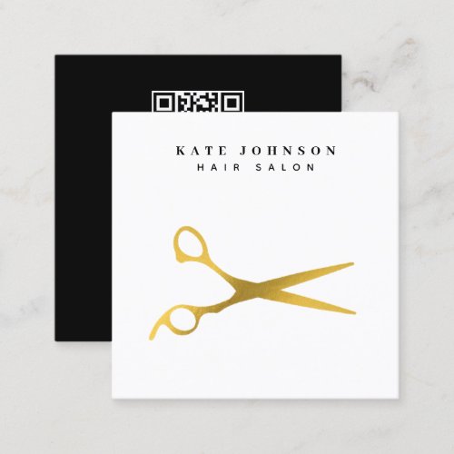 Hair Stylist Scissors Barber QR Code Black  Gold Square Business Card
