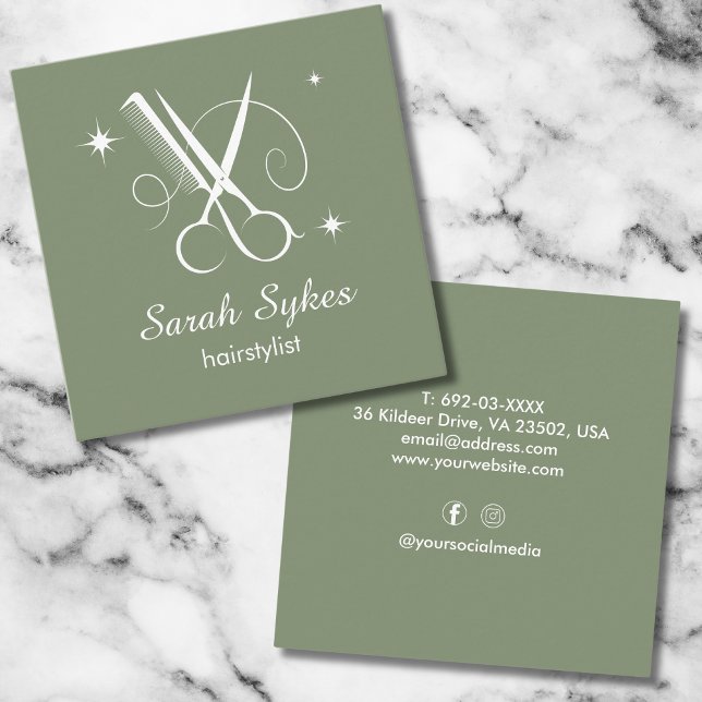 Hair Stylist Scissors Barber Sage Green Custom Square Business Card (Creator Uploaded)