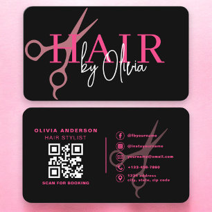 Hair Stylist Scissors Black Pink QR Code  Business Card