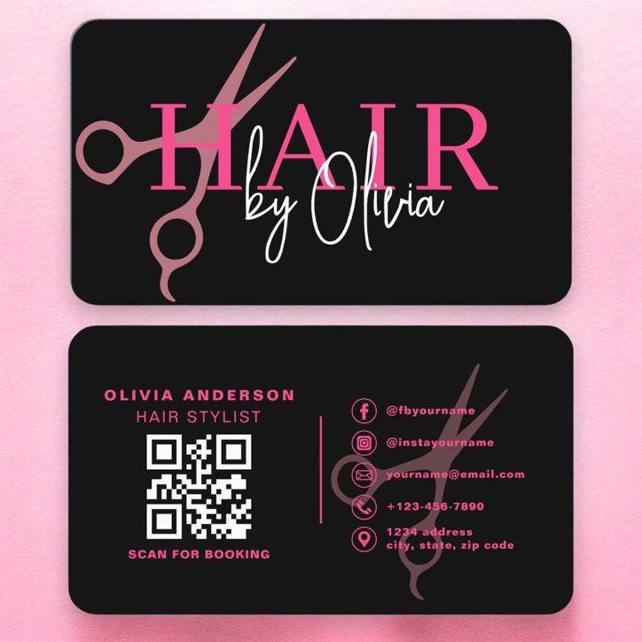 Hair Stylist Scissors Black Pink QR Code Business Card