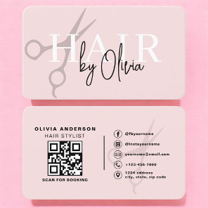 Hair Stylist Scissors Blush Pink QR Code  Business Card