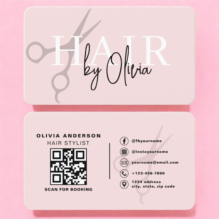 Hair Stylist Scissors Blush Pink QR Code Business Card