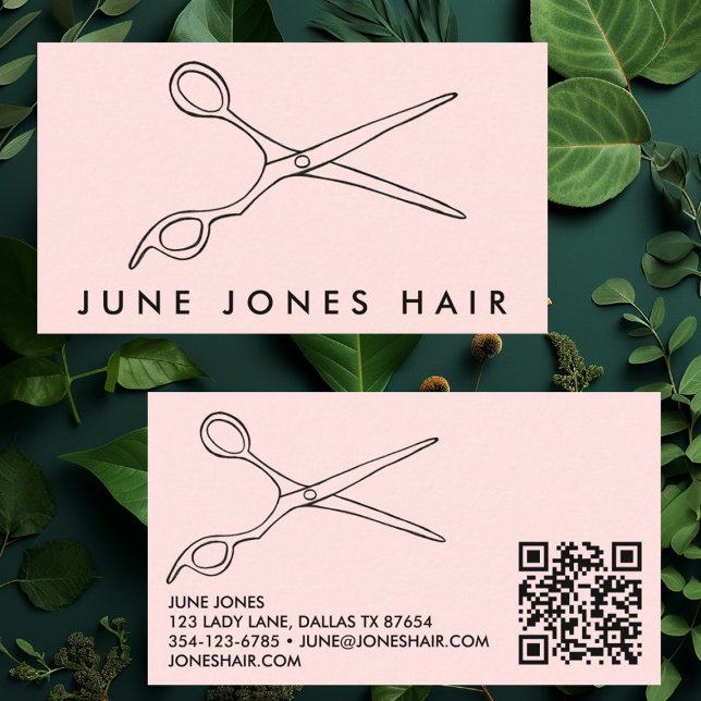 Hair Stylist Scissors Chic Barber QR Code Blush Business Card (Hair Stylist Scissors Chic Barber QR Code Blush Pink Feminine Business Card
)