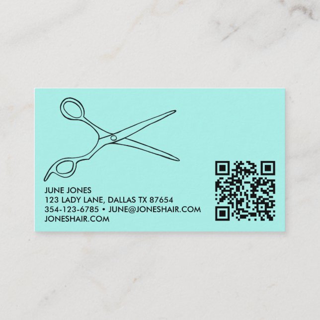 Hair Stylist Scissors Chic Barber QR Code Mint Business Card (Back)