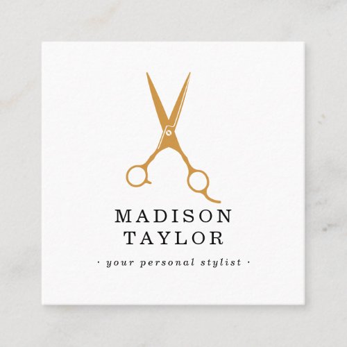 Hair Stylist Scissors Chic Drawing Gold  White Square Business Card