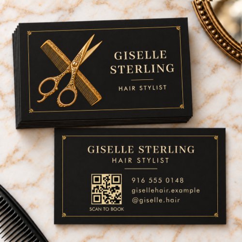 Hair Stylist Scissors Comb QR Code Black Salon Business Card