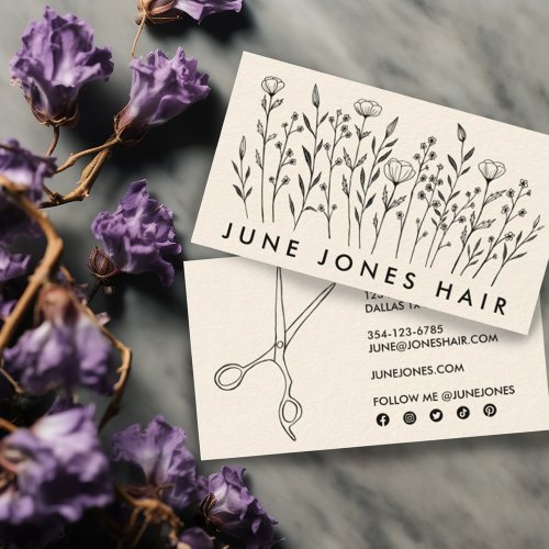 Hair Stylist Scissors Elegant Wildflowers Creamy  Business Card