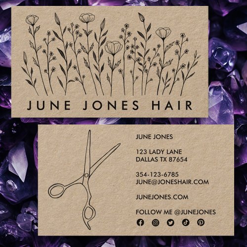 Hair Stylist Scissors Elegant Wildflowers Kraft  Business Card
