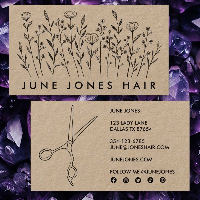 Hair Stylist Scissors Elegant Wildflowers Kraft  Business Card (Hair Stylist Scissors Elegant Wildflowers Kraft Business Card
Social media icons Custom Chic)