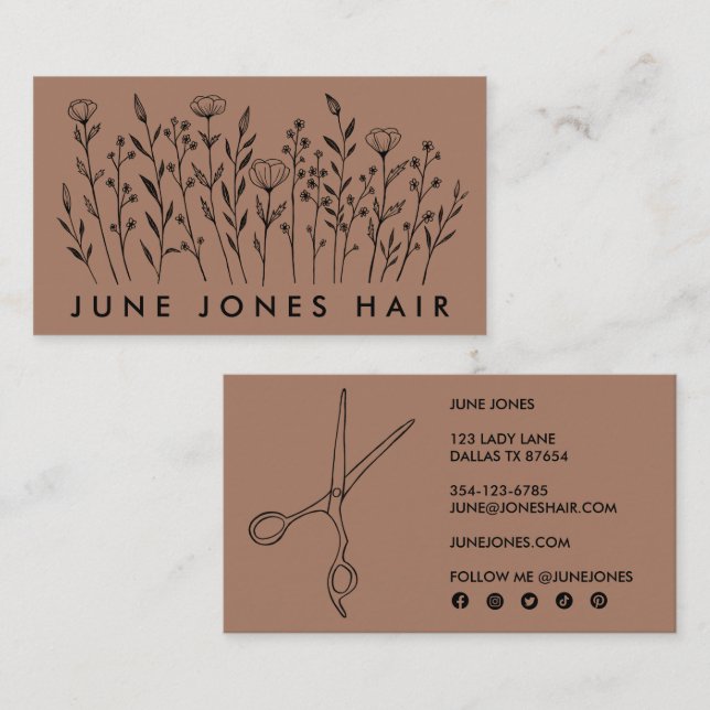 Hair Stylist Scissors Elegant Wildflowers Mocha Business Card (Front/Back)