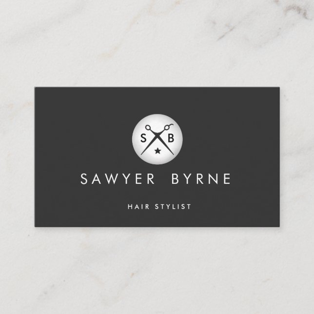 Hair Stylist Scissors Logo Silver and Black Business Card (Front)