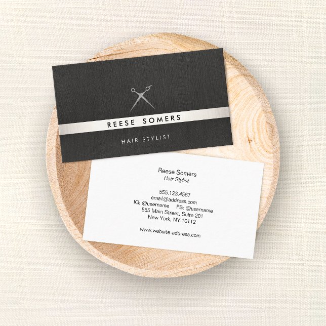 Hair Stylist Scissors Logo Silver and Black Business Card (Creator Uploaded)