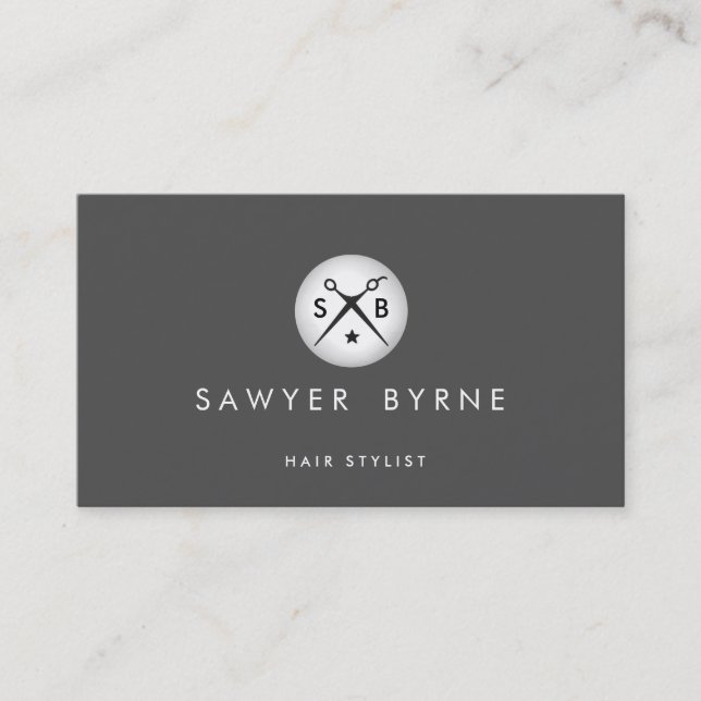Hair Stylist Scissors Logo Silver and Gray Business Card (Front)