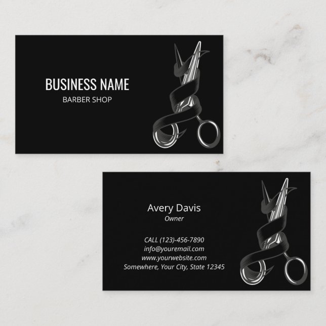 Hair Stylist Scissors Modern Black Barber Custom Business Card (Front/Back)