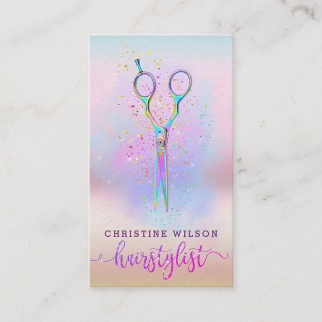 hair stylist scissors on purple cloud  business card (Front)