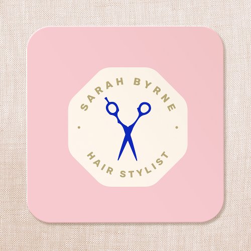 Hair Stylist Scissors Pink Emblem Square Business Card