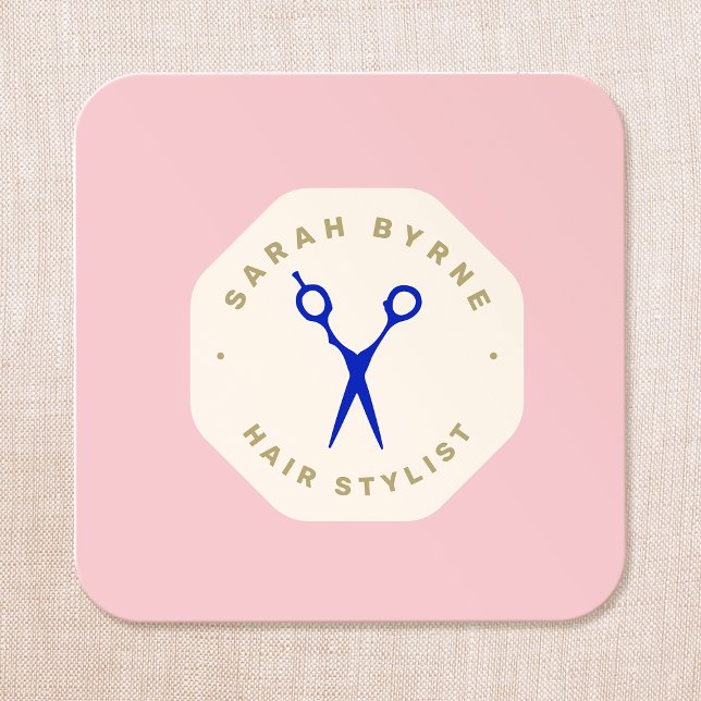Hair Stylist Scissors Pink Emblem Square Business Card (Creator Uploaded)