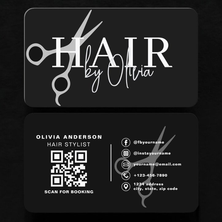 Hair Stylist Scissors QR Code Black Silver Business Card